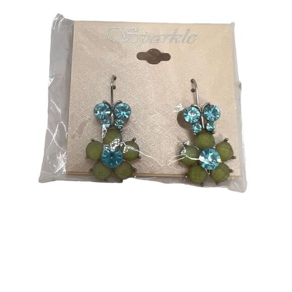 Earrings Flower Shaped Pierced Clip Silver Toned Blue Yellow Rhinestones - Picture 2 of 6